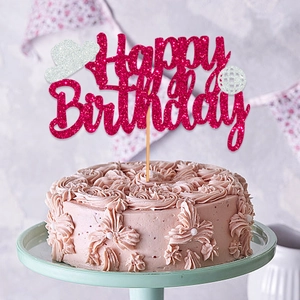 Glitter pink Happy Birthday cake topper with disco ball and silver cowboy hat detail