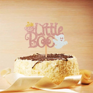 Pink Little Boo Halloween cake topper with glitter ghost and gold pumpkin decoration