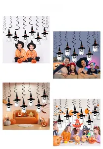 Detailed view of Halloween spiral swirl decorations with cute ghost and witch hat pendants