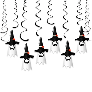Set of 6 Halloween ghost hanging decorations with black spiral swirls and wizard hats