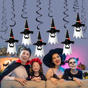 Halloween Hanging Decoration Ghost With Wizard Hat Black Spiral Streamers Ceiling Ornaments Horror Party Supplies