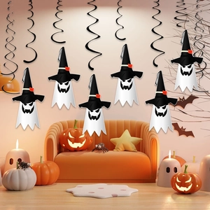 Halloween hanging decorations featuring cartoon ghosts and black spiral swirls for party decor