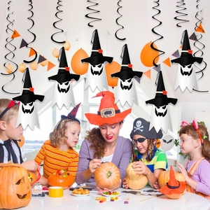 Halloween hanging decor set featuring white ghosts, spiraling streamers, and triangle flags
