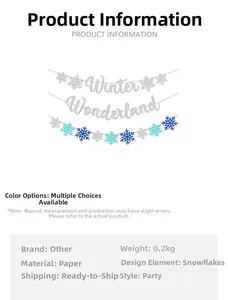 Detail of glitter Winter Wonderland banner with blue and white snowflake hanging decorations