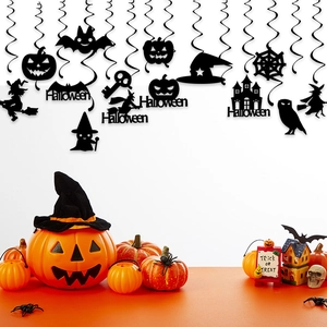 Halloween hanging swirl decorations with black silhouettes of pumpkins and bats