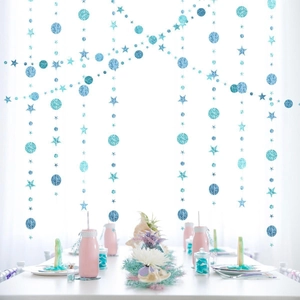 Blue glitter star and circle garland hanging decoration for party background decor