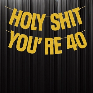 Gouden glitter 'Holy Shit You're 40' slinger voor grappige 40ste verjaardag decor