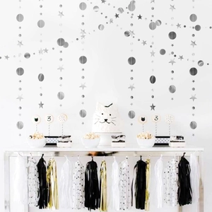 Silver mirror star and circle garland with black gold tassel streamers for party decor
