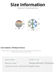 Detail of iridescent paper snowflake and circle ornaments with product dimensions