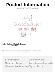Size chart showing dimensions for snowflake party banners and cake toppers decorations