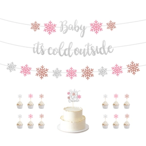 Winter baby shower party decoration set with snowflake banner and cake toppers