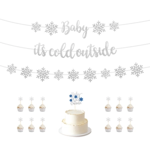 Winter birthday party decoration set with silver glitter snowflake banner and cake toppers