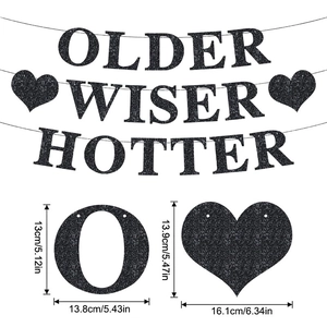 Bannière Noire Pailletée Older Wiser Hotter Guirlande de Cœur pour Décoration de Fête d'Anniversaire Enseigne Suspendue Accessoires de Fête