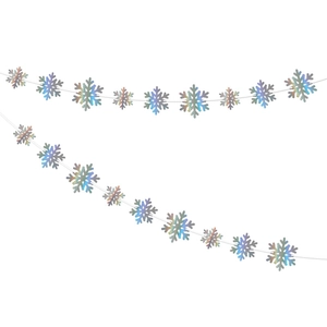 Close-up of iridescent snowflake banner decorations with laser metallic finish texture