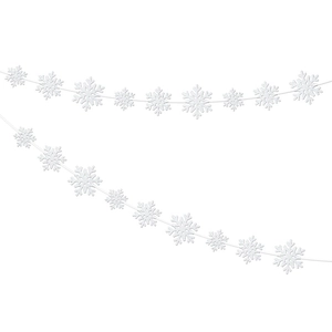 Close-up of winter wonderland white snowflake banners for holiday party decorations