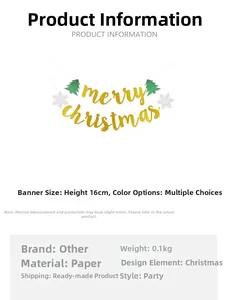 Detail of glittery gold Merry Christmas banner with green trees and silver snowflakes