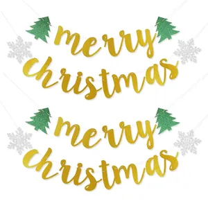 Merry Christmas Banner Glitter Cardstock Garland With Christmas Tree And Snowflake Hanging Decoration For Party Home