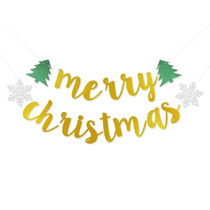 Glittering Merry Christmas banner with gold letters green trees and silver snowflakes
