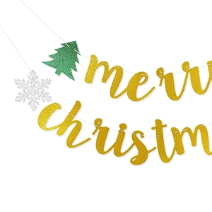 Golden glittery Merry Christmas banner with green trees and white snowflakes decoration