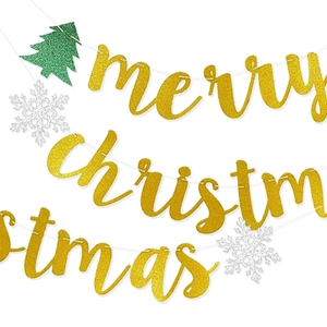 Glittering gold Merry Christmas banner with green tree and silver snowflake ornaments