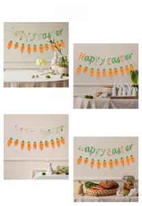 Close-up of Happy Easter felt banner with orange carrot garlands in a home setting