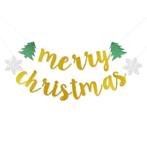 Glittery gold Merry Christmas banner with green trees and silver snowflakes decor
