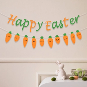 Easter party decoration banner with cartoon carrots and Happy Easter letter pendants