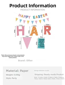 Size chart for Easter paper banner featuring colorful letters and triangle flags for party décor