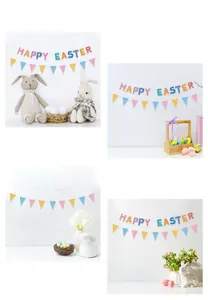 Detailed view of colorful Happy Easter banner flags hanging in cozy home party settings