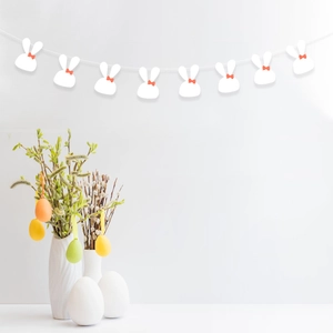Easter bunny banner garland with 8 white rabbits and red bows for party wall decoration