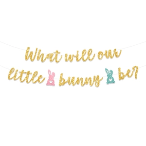 Close-up of glittery What Will Our Little Bunny Be banner for gender reveal party