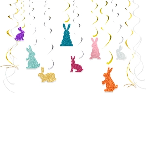 Colorful glitter Easter bunny hanging swirls decoration set for festive party ceiling display