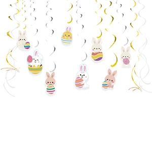 Colorful Easter spiral hanging swirls set with cartoon bunny and egg decorations