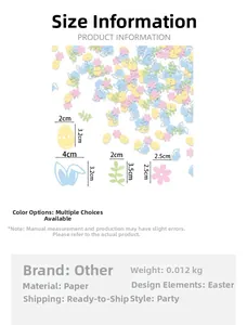 Detailed size guide for Easter confetti featuring egg, rabbit ear, leaf and flower shapes