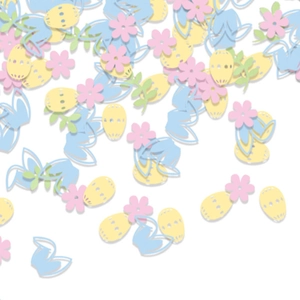 Easter confetti mix with pastel bunnies eggs and flowers for spring party table decor
