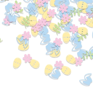 Colorful Easter confetti with pink flowers, blue bunnies and yellow patterned eggs