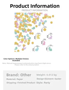 Easter confetti size chart showing 2.5cm dots and 4cm colorful paper bunny dimensions