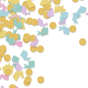 Easter party confetti with colorful rabbit shapes and gold glitter circles on white