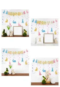 Détail de la bannière HE OR SHE et spirales lapin pailletées pour fête de Gender Reveal