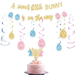 Easter bunny gender reveal party decoration set with gold glitter banner and hanging swirls