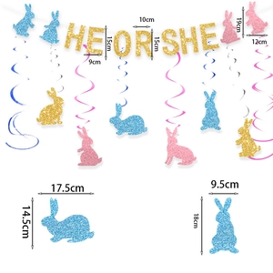 Gender reveal party decorations with glittery He or She signs and bunny swirl hangings