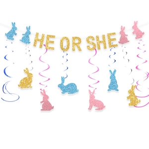 Glitter He or She banner with blue and pink rabbit hanging swirls for gender reveal party