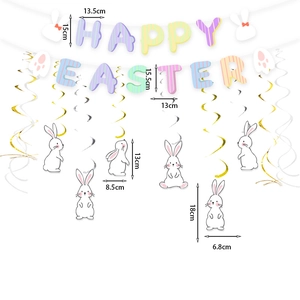 Easter party decoration set with Happy Easter banner, hanging swirls and rabbit toppers