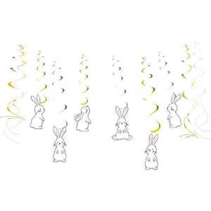 Easter hanging spiral decorations set with cartoon bunnies and shiny foil swirls