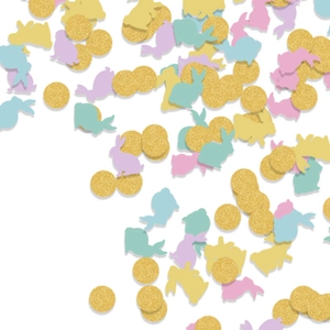Pastel Easter confetti set with macaron bunnies and gold glitter round sequins on white