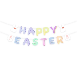 Close-up of Happy Easter banner with colorful letters and cute white bunny cutouts