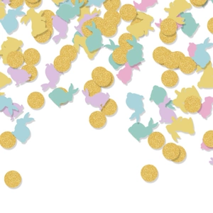Easter confetti kit with colorful paper bunnies and gold glitter dots for party decoration