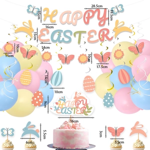 Easter party decoration set with Happy Easter banner, pastel balloons and bunny hanging swirls