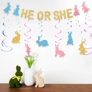 Gender reveal party decorations set with HE OR SHE banner and bunny swirl hanging ornaments