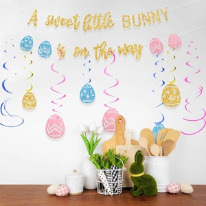 Easter bunny party decoration kit with glitter banner and colorful spiral egg pendants